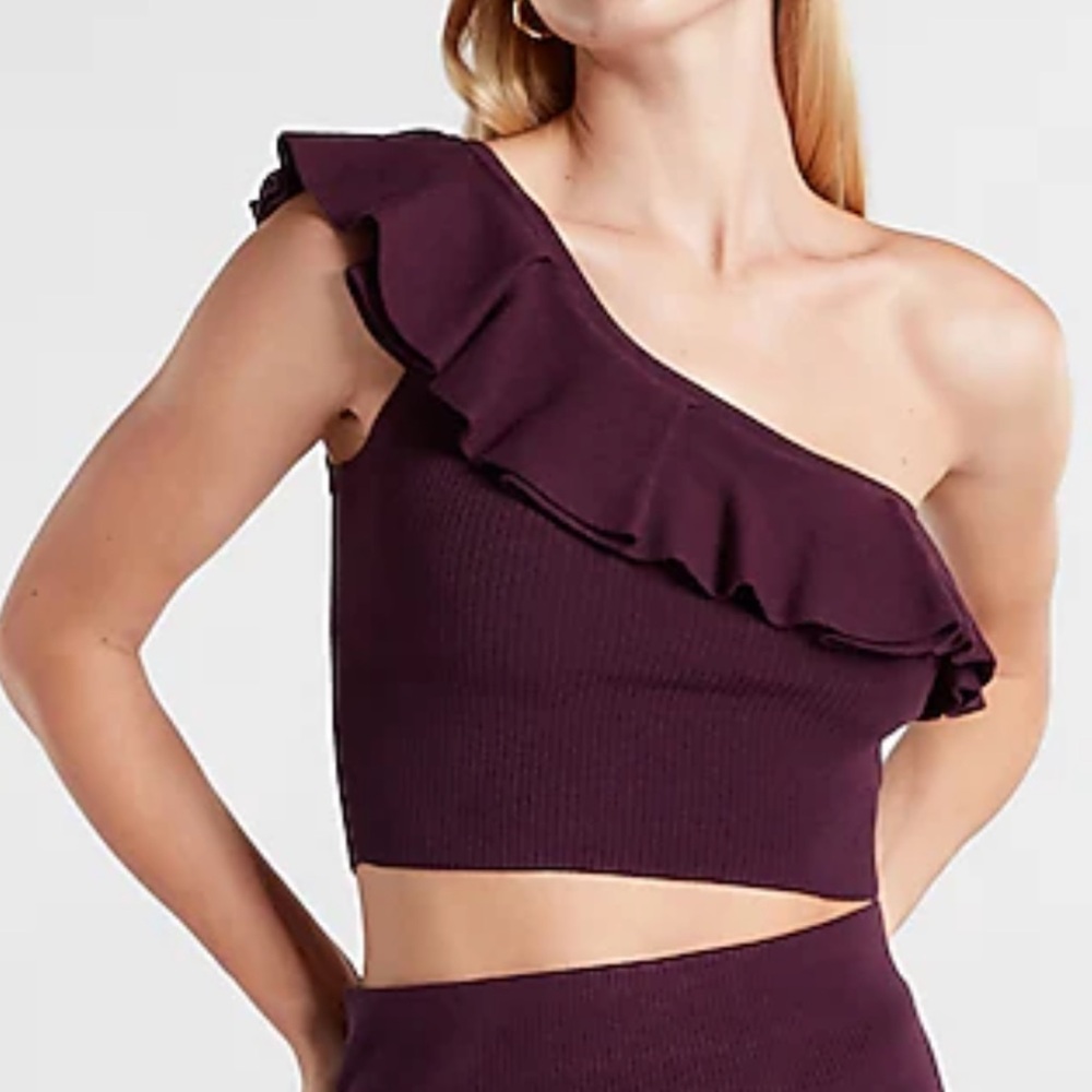 Body contour ribbed sweater ruffle one shoulder top and skirt set